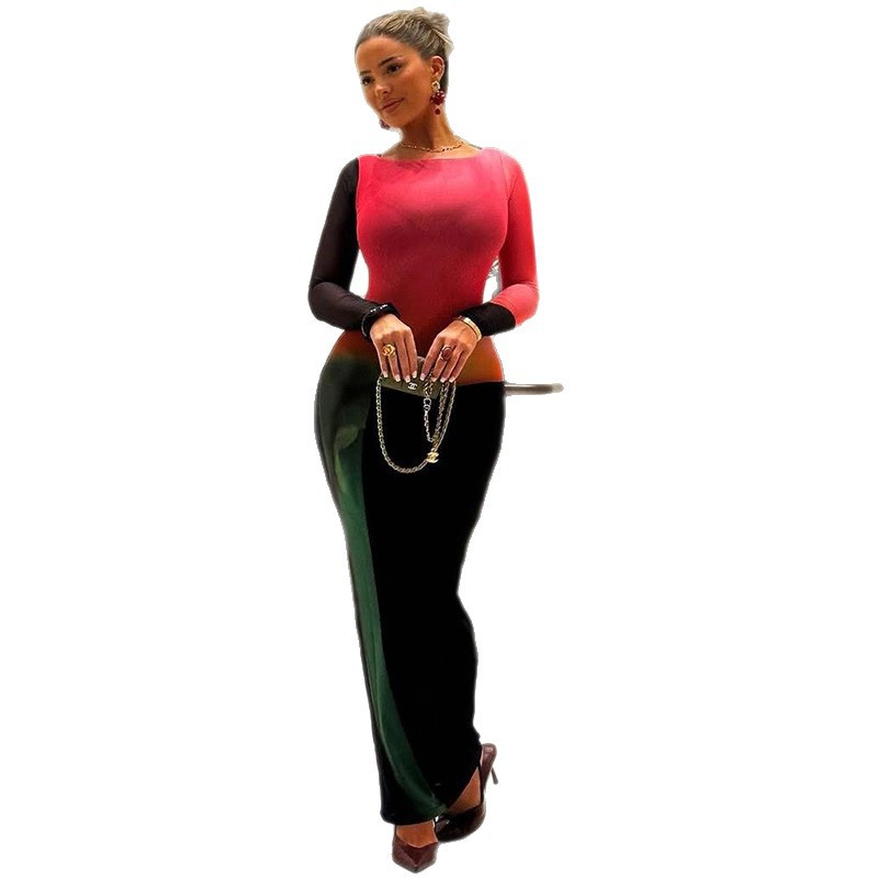 European and American Cross border Autumn and Winter New Women's Sexy Bodycon Fashion Long Sleeve Round Neck Printed Dress