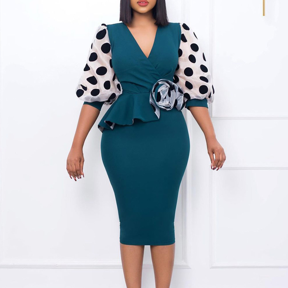 Plus Size Women's Dress — Fashionable Polka Dot, Mesh Splicing, V Neck Design — Casual or Party Wear — Wholesale Supply Availa