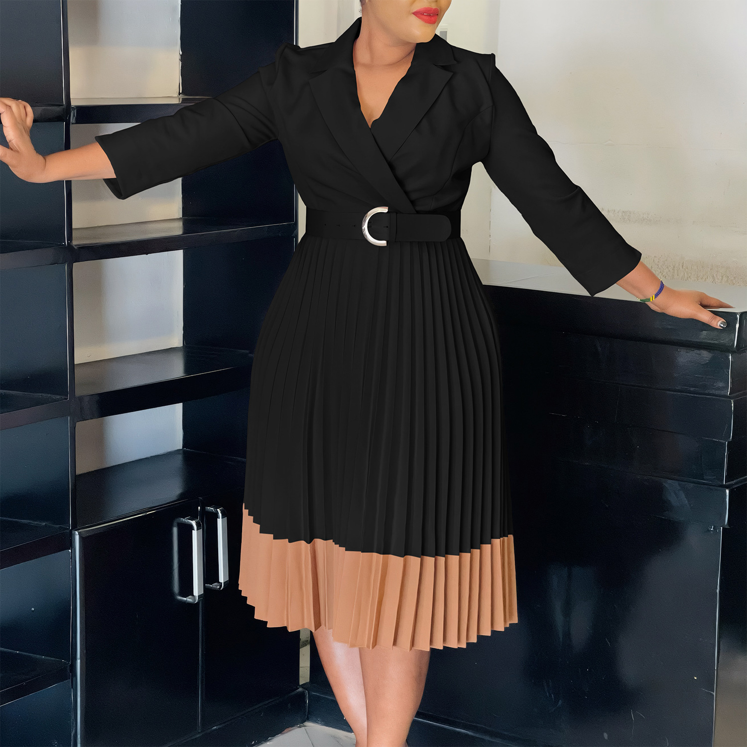 Elegant Spring Color Block OL Dress with Pleats and High Waist, Stylish Women's Blazer Collar Fashion for Cross Border Trade