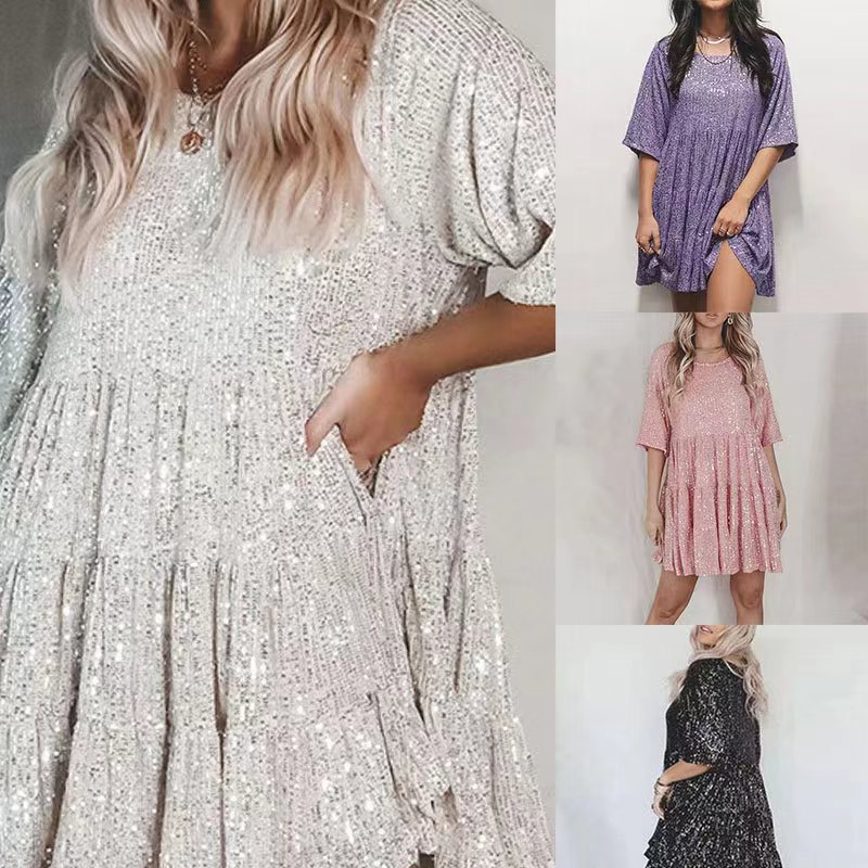 Sequin A Line Mini Dress Round Neck Short Sleeve Loose Fit Party Wear Evening Gown Wholesale Available