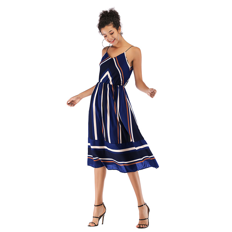 Womens Striped Color Block Chiffon Midi Dress V Neck Sleeveless Lightweight Fabric Spring Summer Fashion