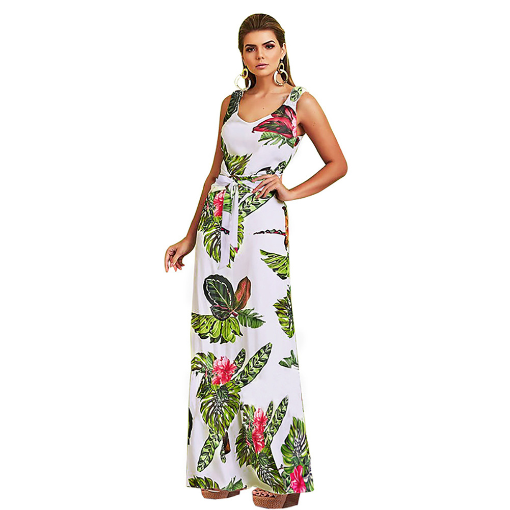 Sleeveless Floral Print Dress Round Neck Tie Detail Sexy Fit Summer Casual Wear for Women Wholesale Available