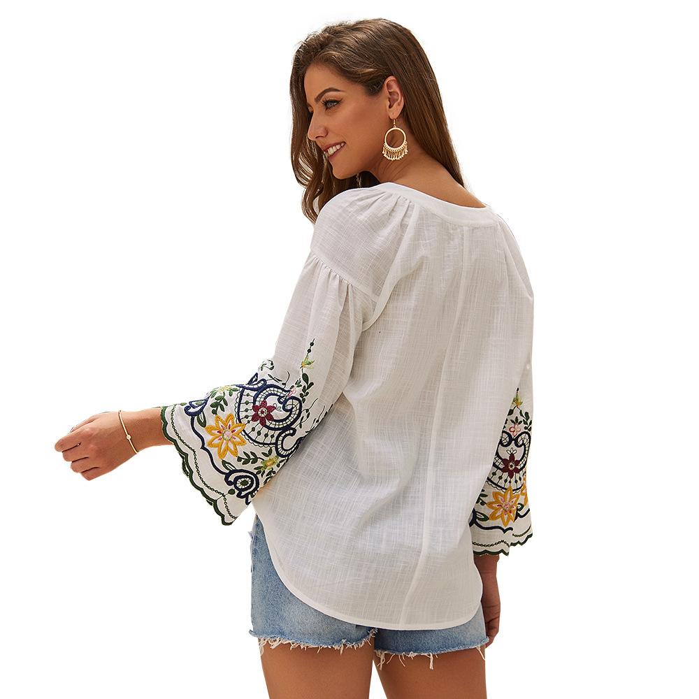Womens Embroidered V Neck Cotton Linen Shirt European and American Fashion Early Autumn Style Wholesale Available