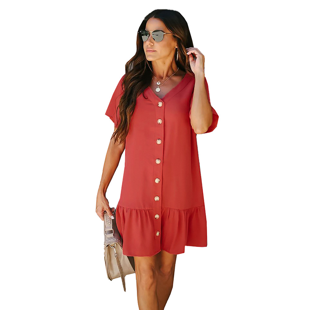 Ruffled Hem Short Skirt V Neck Button Down Short Sleeve Knee Length Casual Summer Dress Wholesale Available