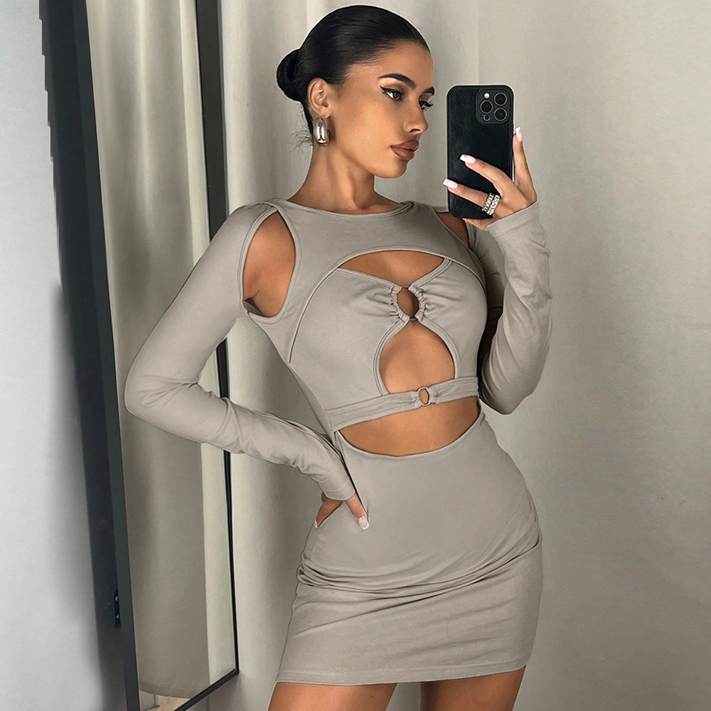 European and American cross border sexy hot girl front chest hollow ring highlights figure, milk silk slim fit hip hugging dress