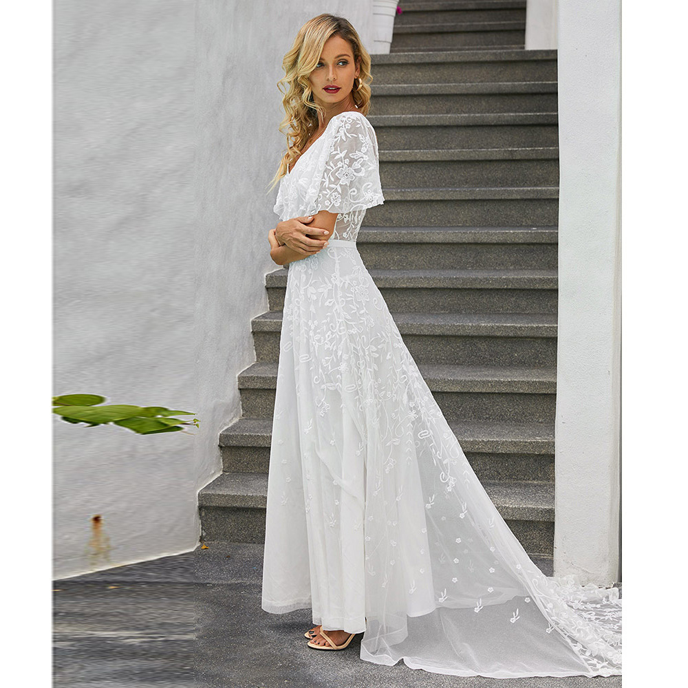 Long Sleeve Lace Embroidered Maxi Dress Solid Color Deep V Neck Backless Elegant Autumn Fashion for Special Occasions