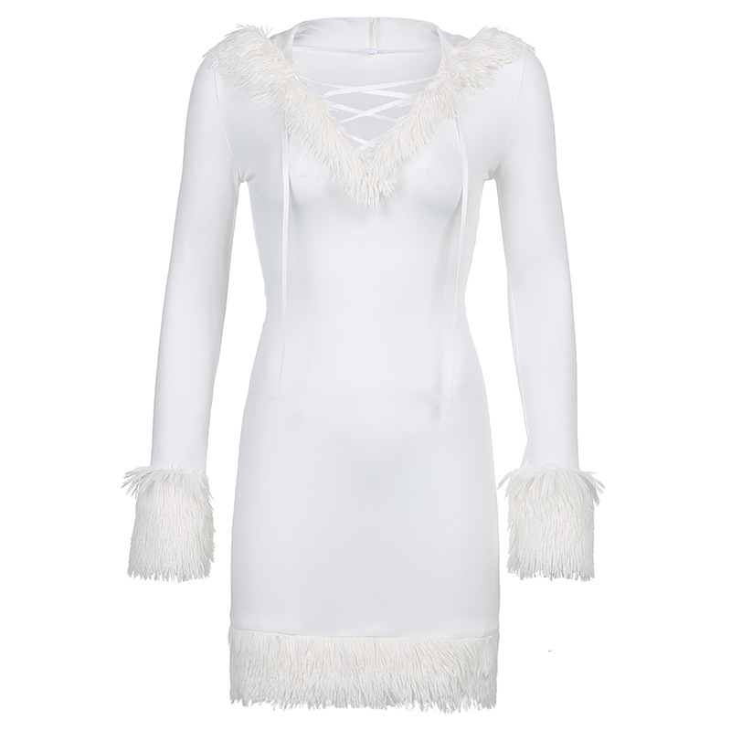 Womens Hooded Bodycon Dress Sexy Fur Patchwork Slim Fit Drawstring Design Perfect for Spring Occasions Wholesale