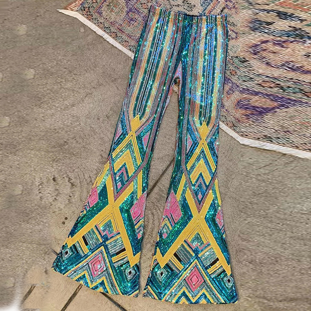 High Waisted Flare Pants Multi Color Geometric Sequins Fashionable Casual Wear for Spring and Autumn Wholesale Available