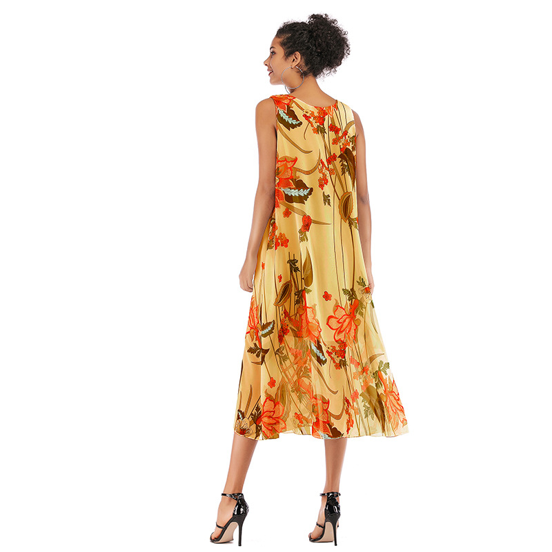 Womens Beach Dress Sleeveless Round Neck Floral Print Flowy Chiffon Summer Casual Wear Wholesale Available