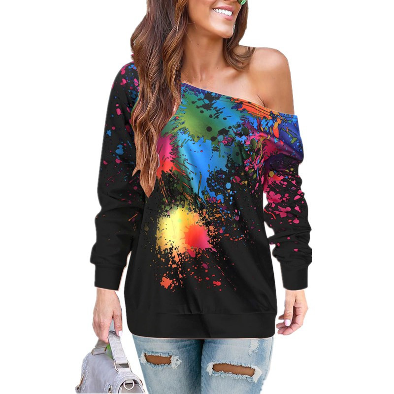 Womens Off Shoulder Sweatshirt Spray Paint Print Autumn Winter Style Casual Wear Wholesale Available