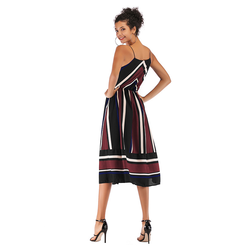 Womens Striped Color Block Chiffon Midi Dress V Neck Sleeveless Lightweight Fabric Spring Summer Fashion