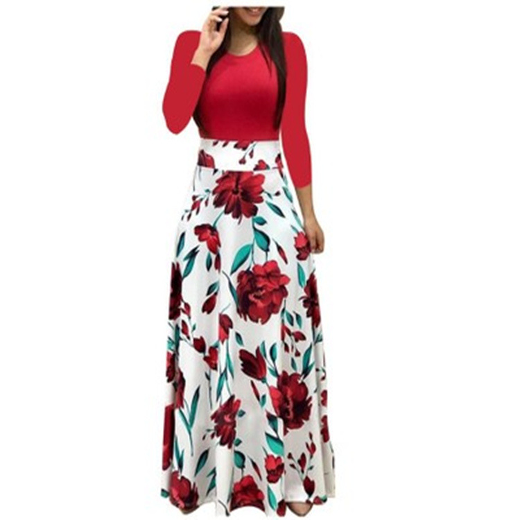 Floral Print Color Block Long Sleeve Maxi Dress Elegant Design Comfortable Fabric Perfect for Spring Summer Wholesale