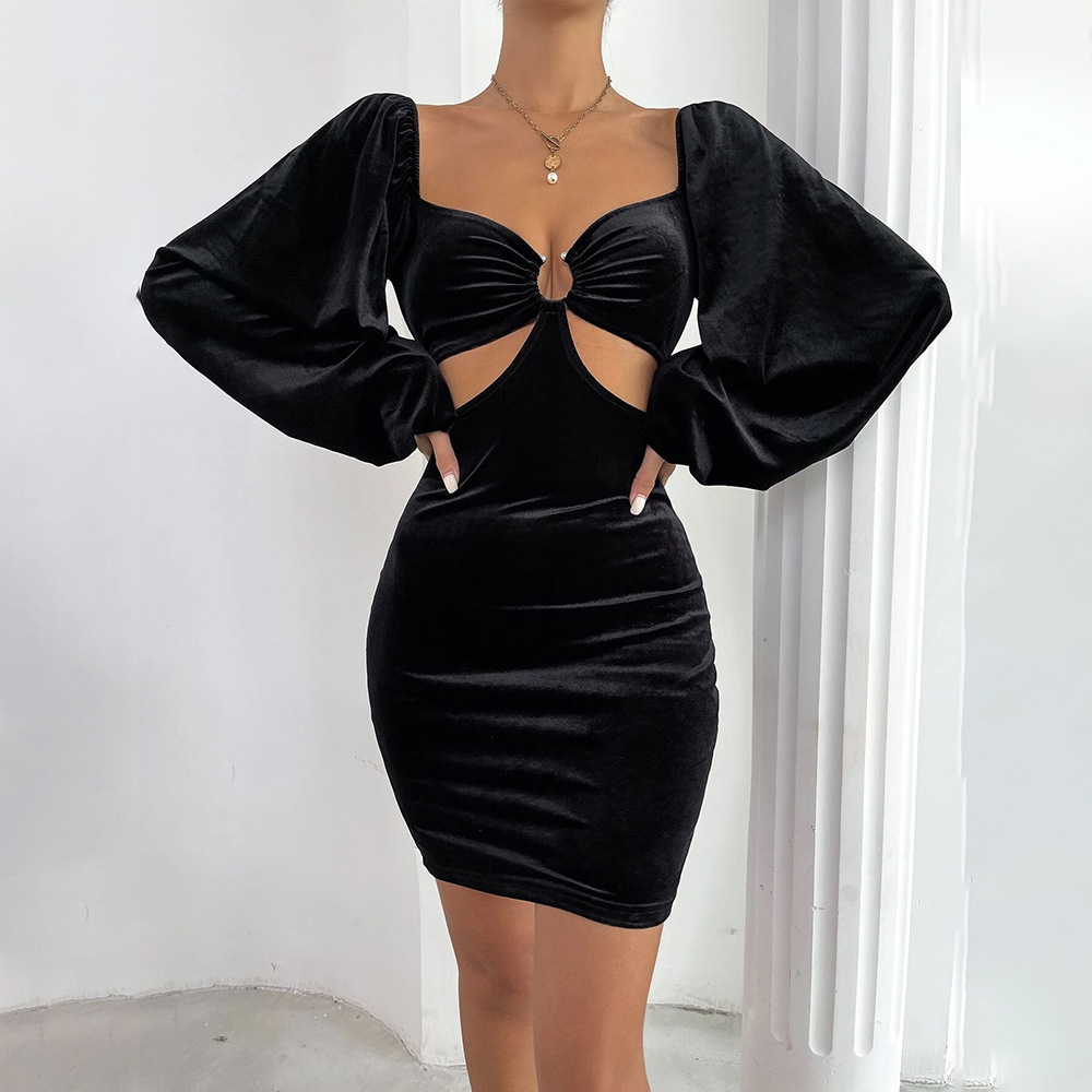Sexy Hollow Out Round Ring Slim Waist Elegant Puff Sleeve Velvet Dress