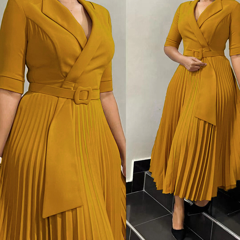 Plus Size Women's Fashion Dress with Suit Collar, Pleated Waist Design, Ideal for Fall and Winter, Stylish OL Look for African