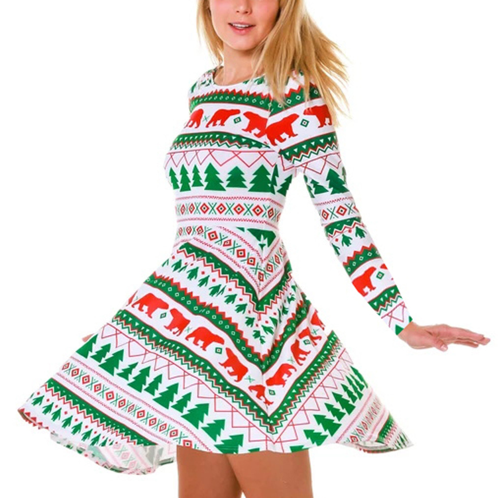 Womens Long Sleeve Printed Dress Autumn Winter Collection Christmas Theme Stylish Design Wholesale Available