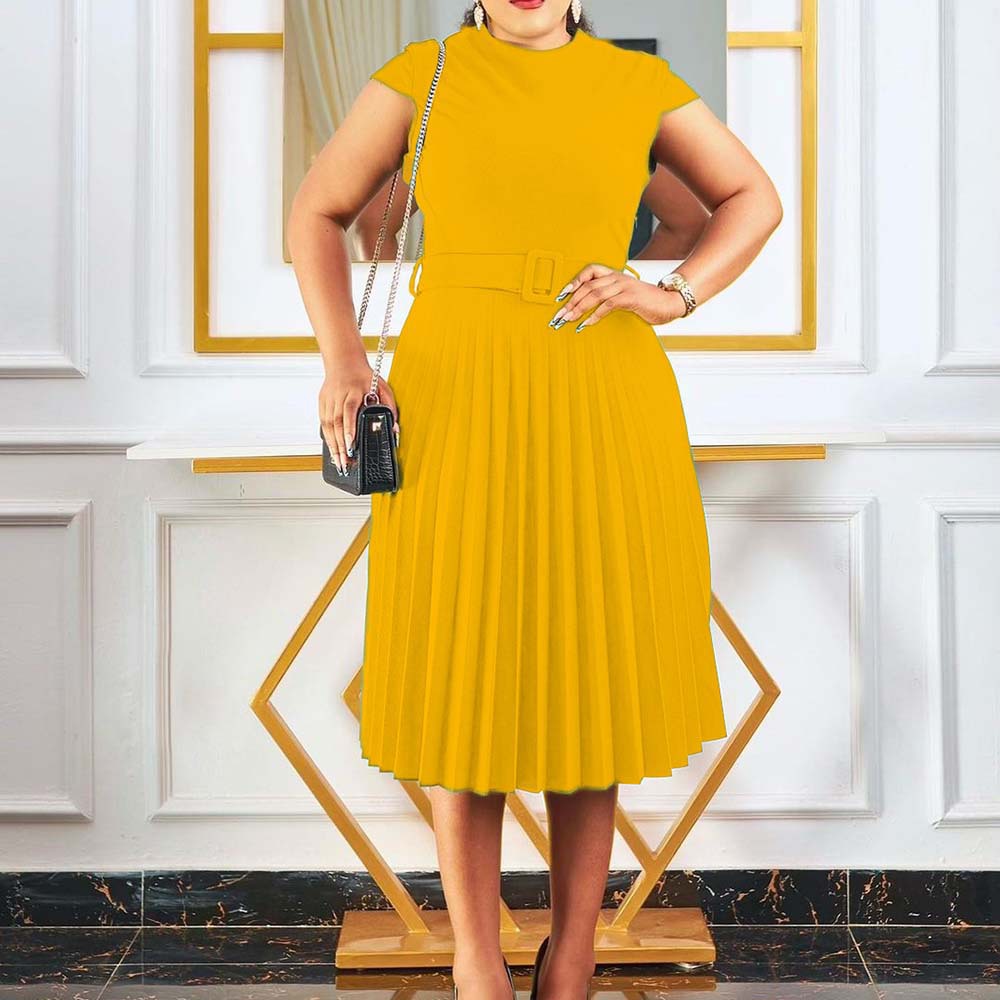 European Market Casual Dress — Short Sleeve, Solid Color, Stylish Tie Waist, Pleated Design, Slim Fit — Summer Wear — Wholesal