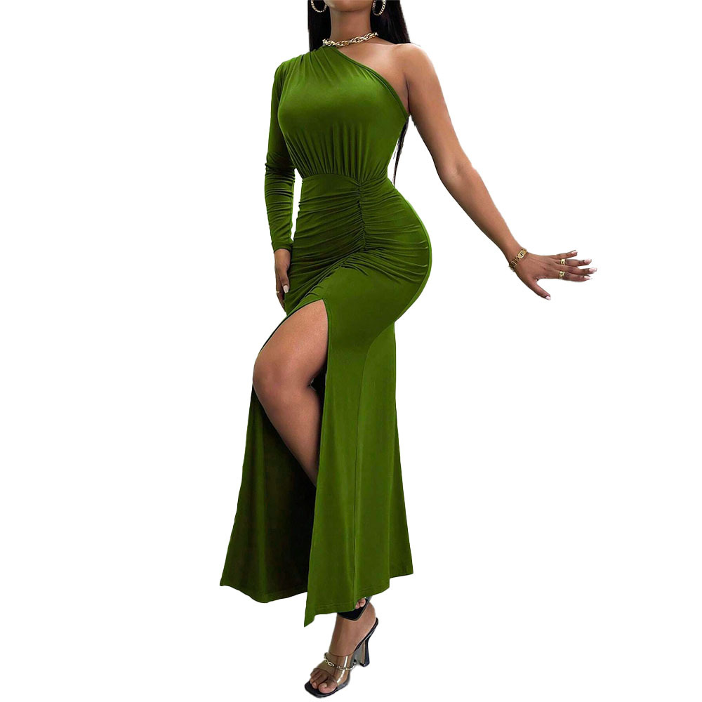 Elegant High Slit Dress Ruched Form Fitting Long Length Autumn Winter Evening Wear Wholesale Available