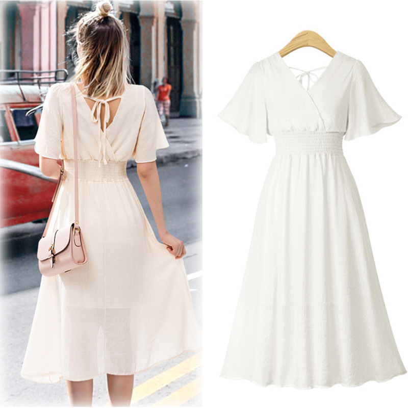 Chiffon Floral Print Dress V Neck Flared Sleeves Slim Fit Summer Casual Wear Wholesale Available