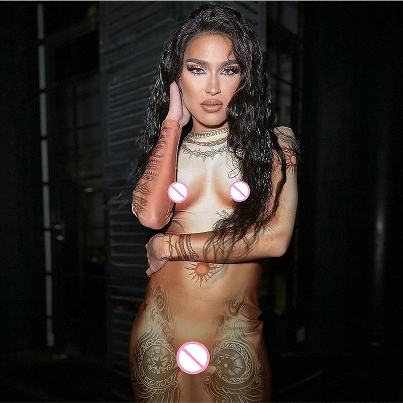 Fashionable and Personalized 3D Human Body Print Long Sleeve Slim Fit Bodycon Dress for Spring Summer