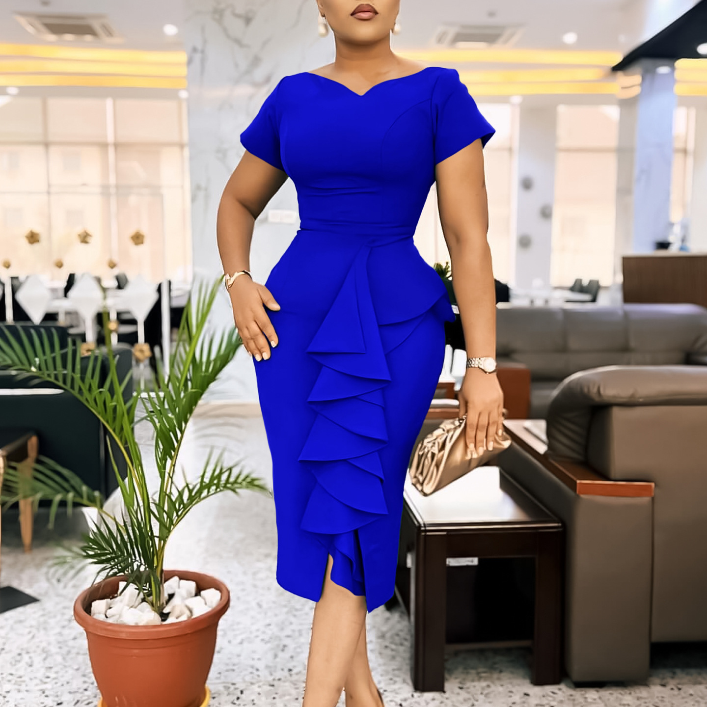 Plus Size Women's Fashion Dress with Ruffle Hem, Elegant and Stylish African Inspired Design for International Trade