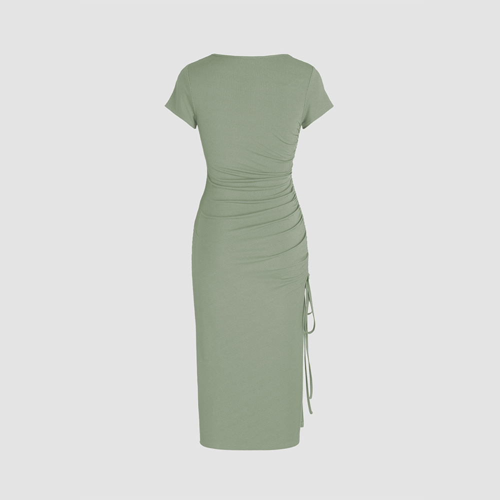 Elegant Slim Fit Side Slit Knitted Pencil Dress with Square Neck and High Waist