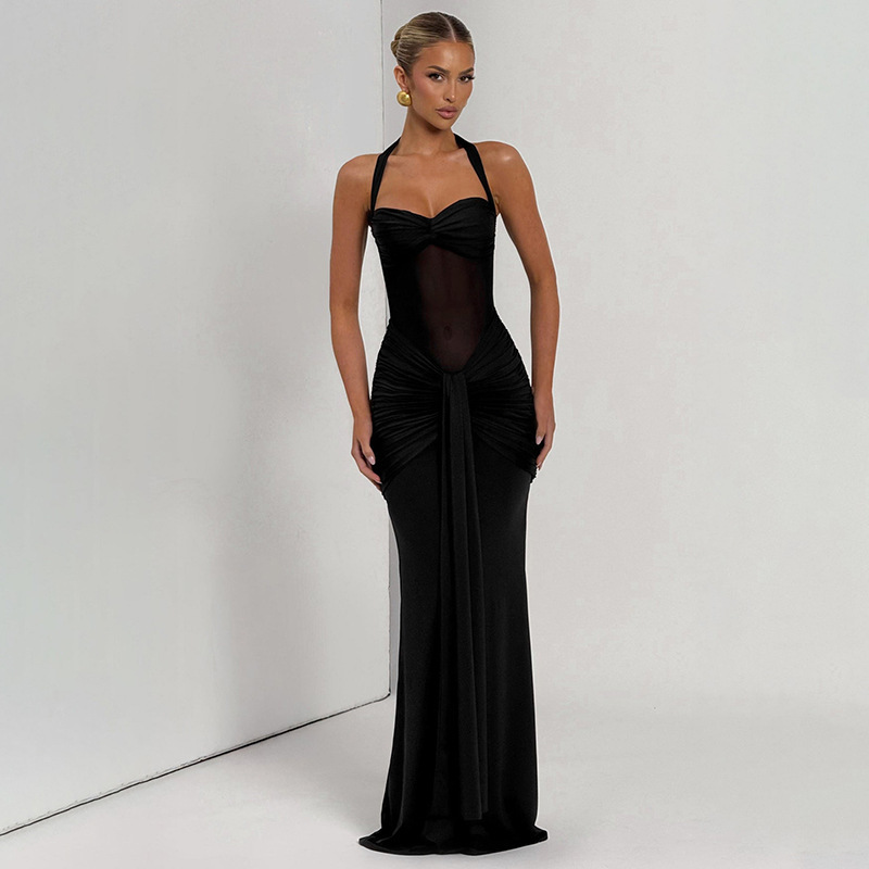 Fashionable Women's Halter Neck Tie Solid Color Sheer Mesh See Through Sexy Flowing Long Dress for Cross Border Style