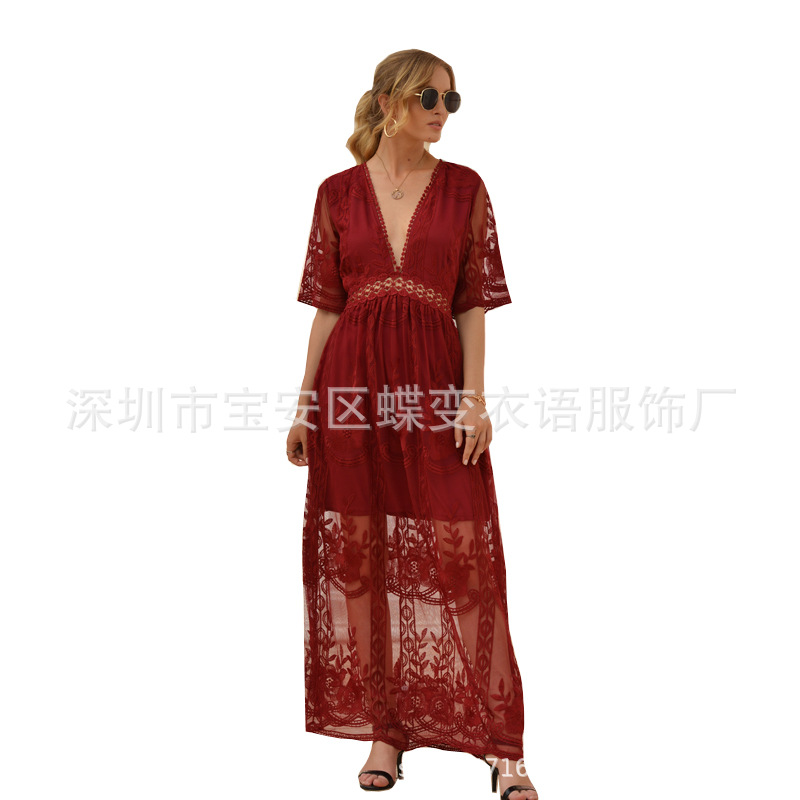 Lace Maxi Dress Embroidered V Neck Solid Color Summer Vacation Style Available in 6 Colors Wholesale
