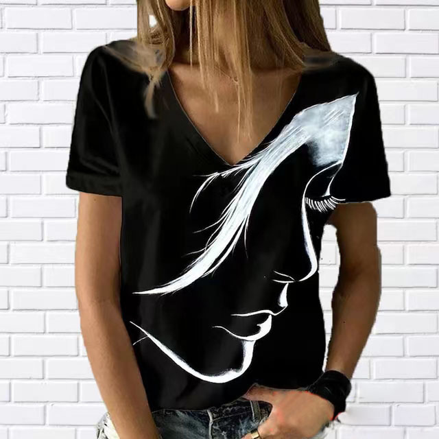 V Neck Printed Short Sleeve T Shirt for Women Casual Style Lightweight Fabric Trendy Design Wholesale Available