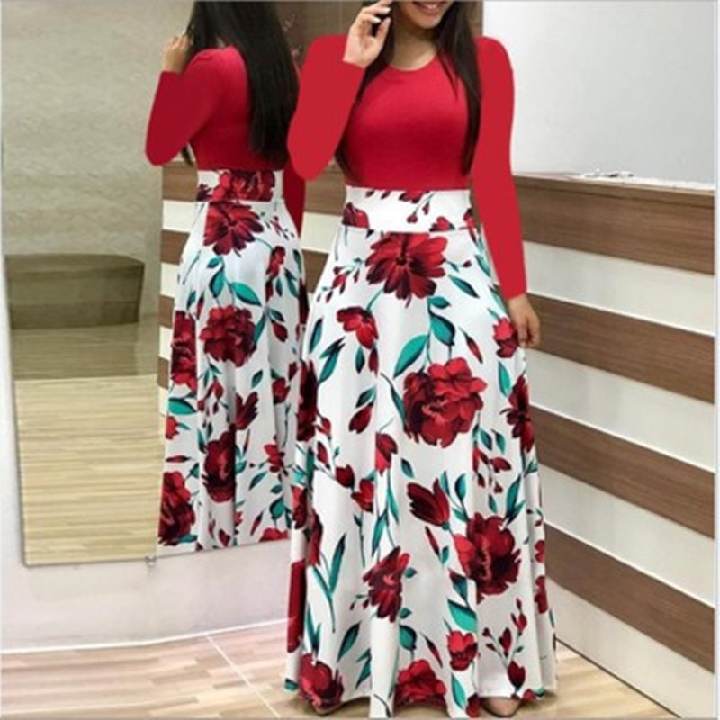 Floral Print Color Block Long Sleeve Maxi Dress Elegant Design Comfortable Fabric Perfect for Spring Summer Wholesale