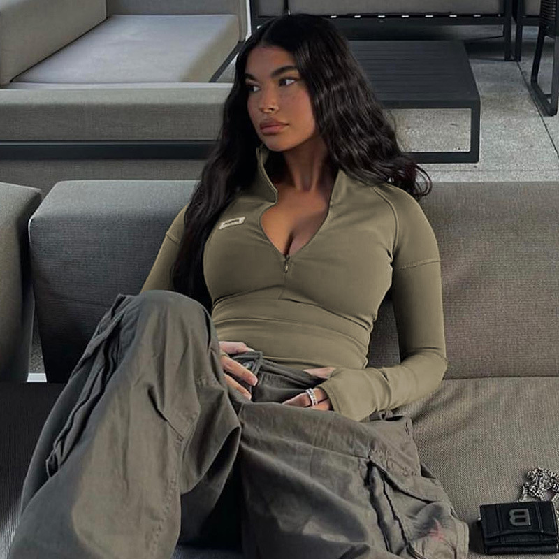 Slim Fit Half Turtleneck Long Sleeve Top Zipper Closure Lightweight Fabric Trendy Style Perfect for Casual Outings