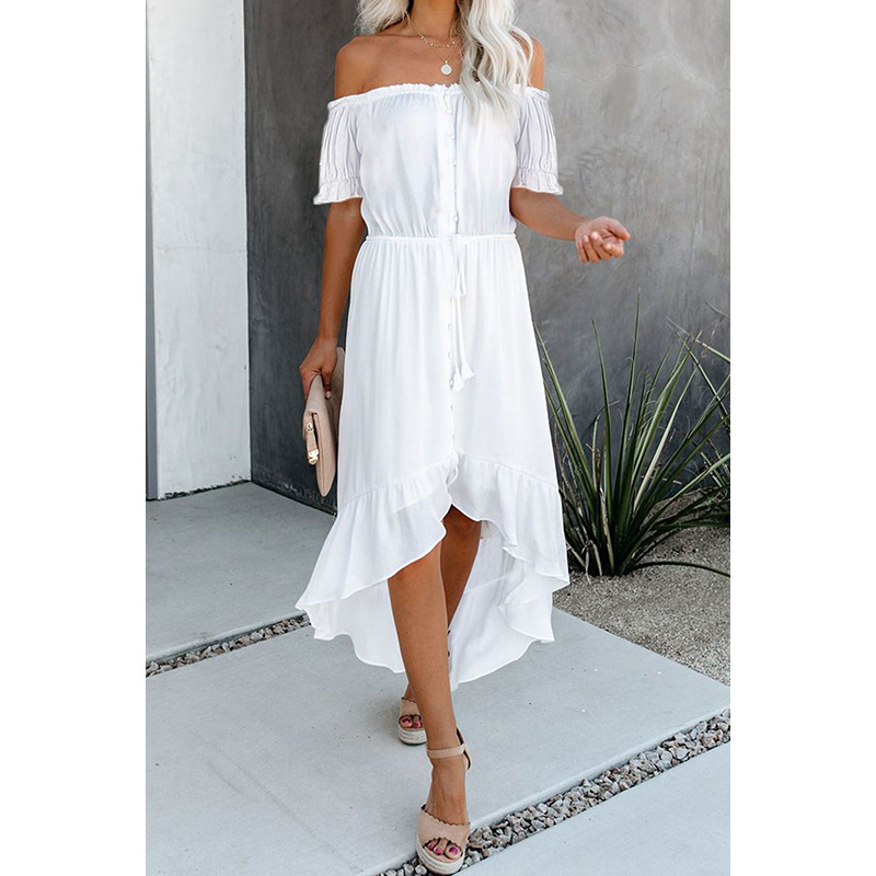Off Shoulder Short Sleeve Maxi Dress Irregular Hem Summer Style Elegant Design Wholesale Available
