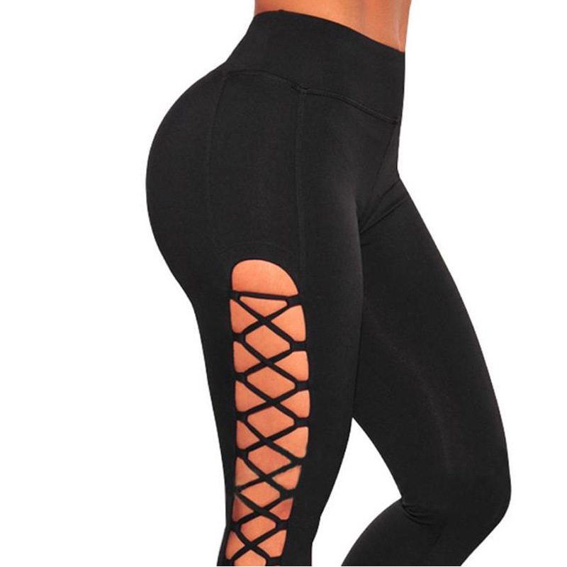 High Waisted Side Tie Plus Size Leggings Hollow Out Design Casual Stretch Fabric Fashionable Sportswear for Women
