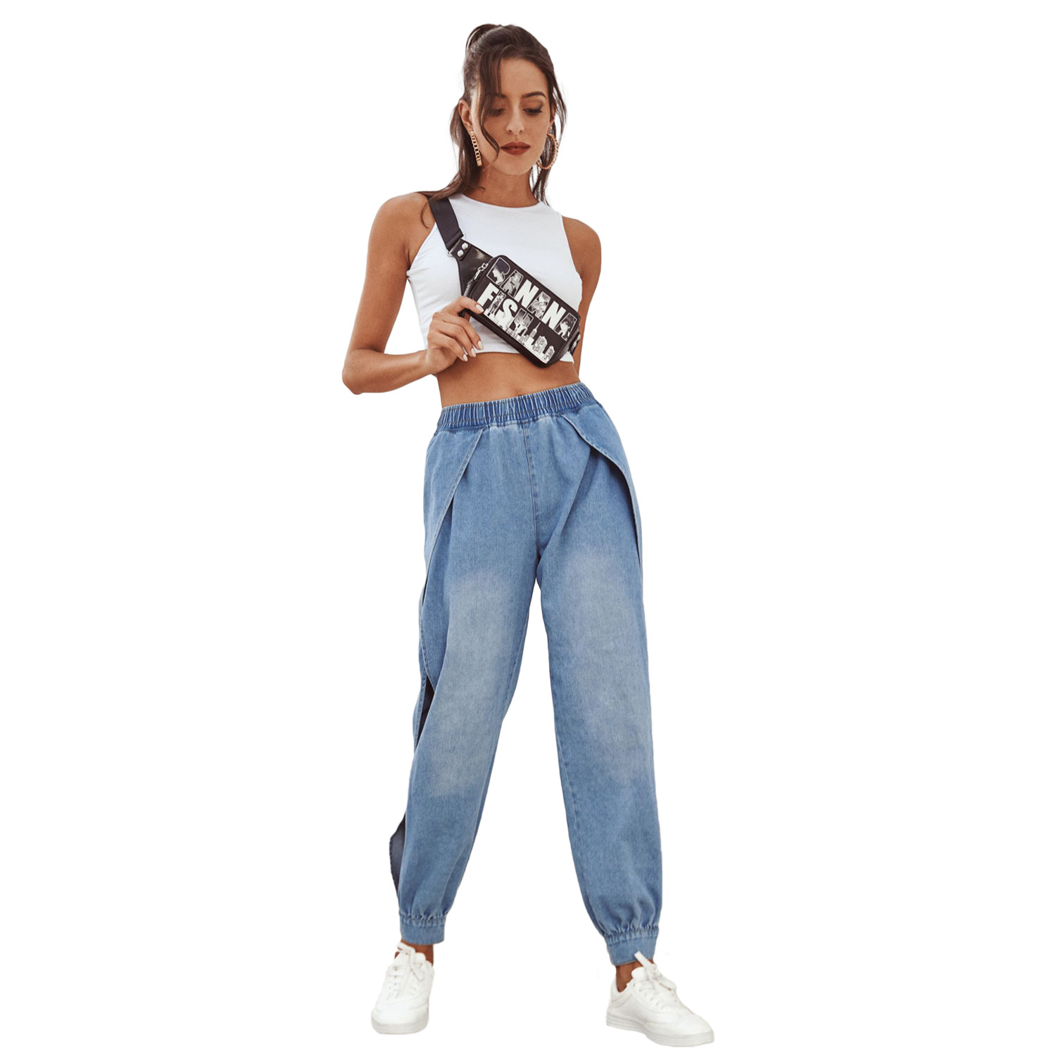 Casual Womens Denim Pants Side Slit Tapered Fit Comfortable Fabric Perfect for Everyday Wear Wholesale Available