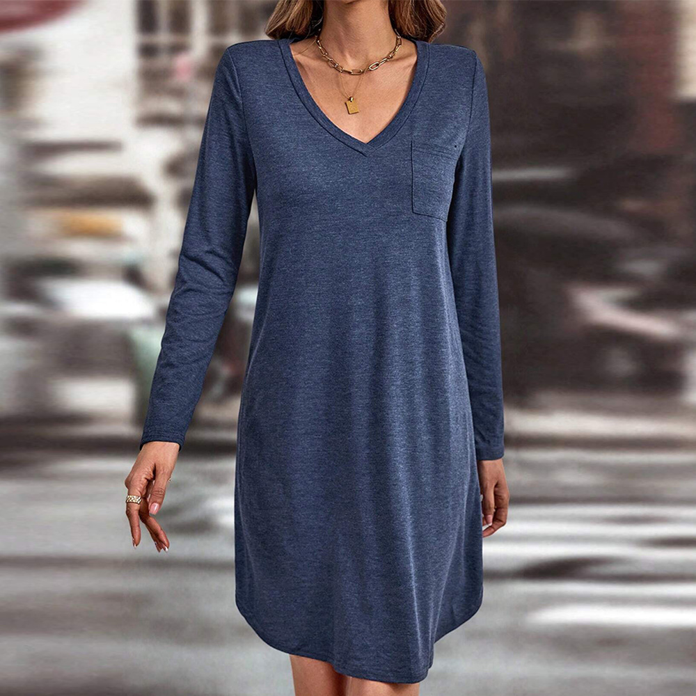 Loose Casual V Neck Solid Color Long Sleeve Dress for Women