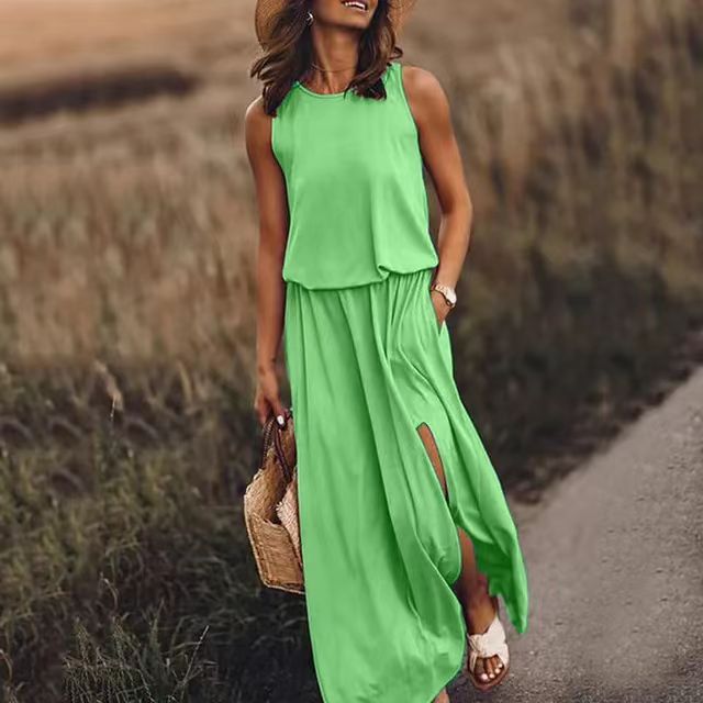 Summer New European and American Vacation Style Solid Color Round Neck Sleeveless Spaghetti Strap Lantern Split Long Dress