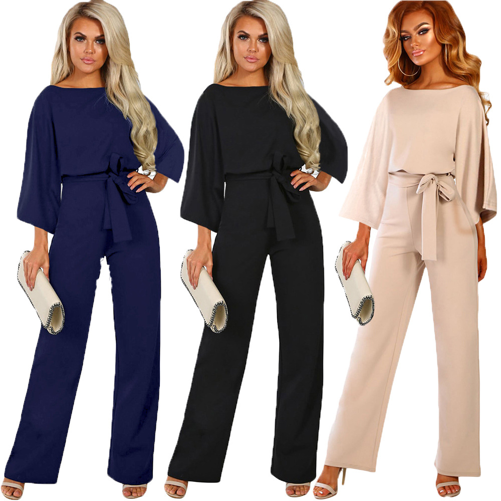 Womens Solid Color Loose Jumpsuit High Waist Tie Belt Three Quarter Sleeve Wide Leg Autumn Fashion Wholesale