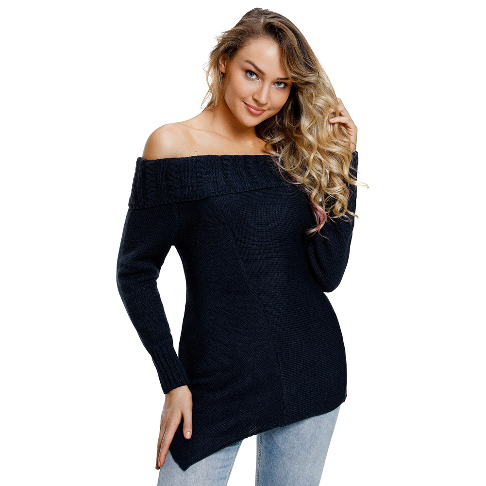 Asymmetrical Long Sleeve Wool Knit Sweater Solid Color Off Shoulder Neckline Womens Fashion Perfect for Autumn and