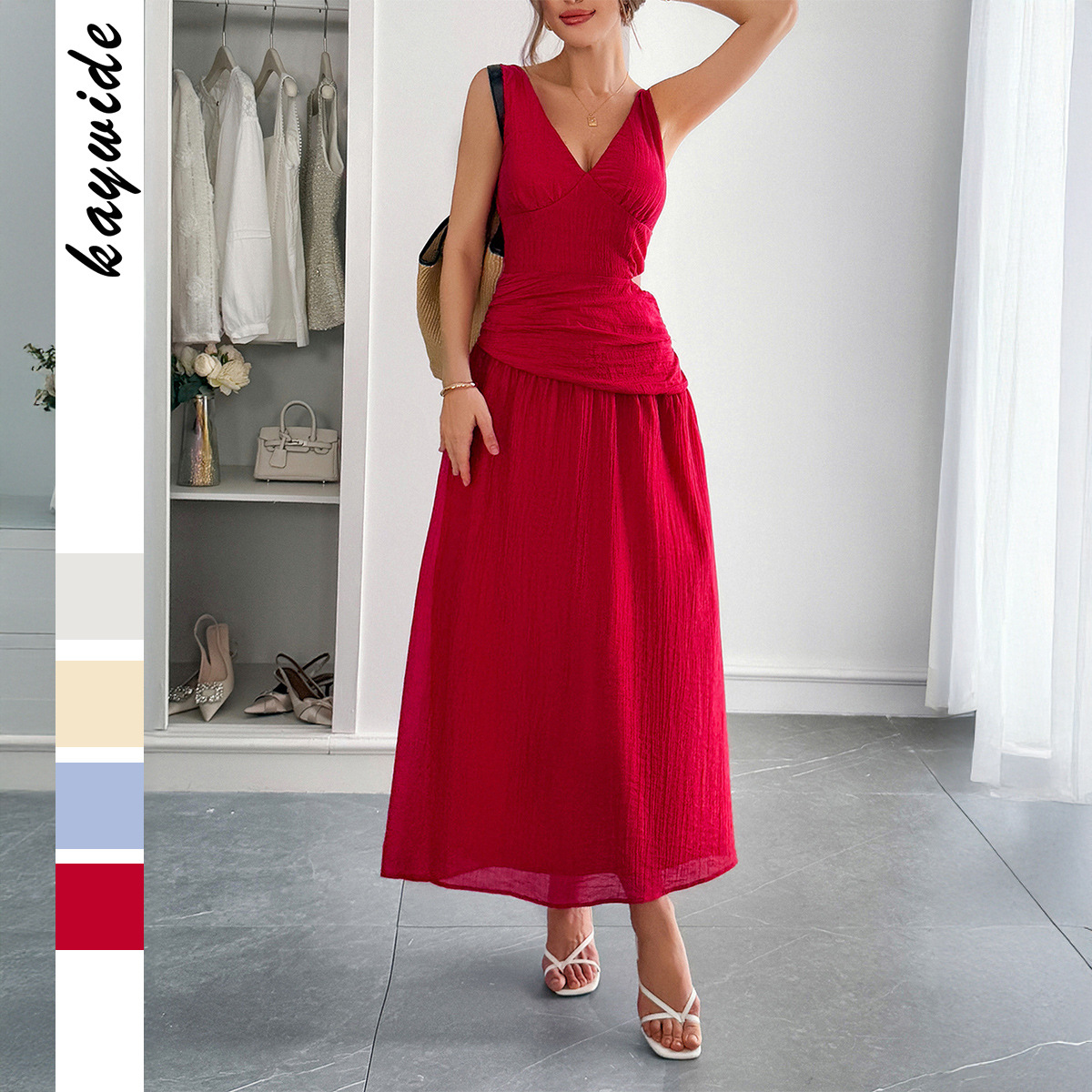 Elegant Deep V Waist Exposing Long Dress for Women Spring Summer