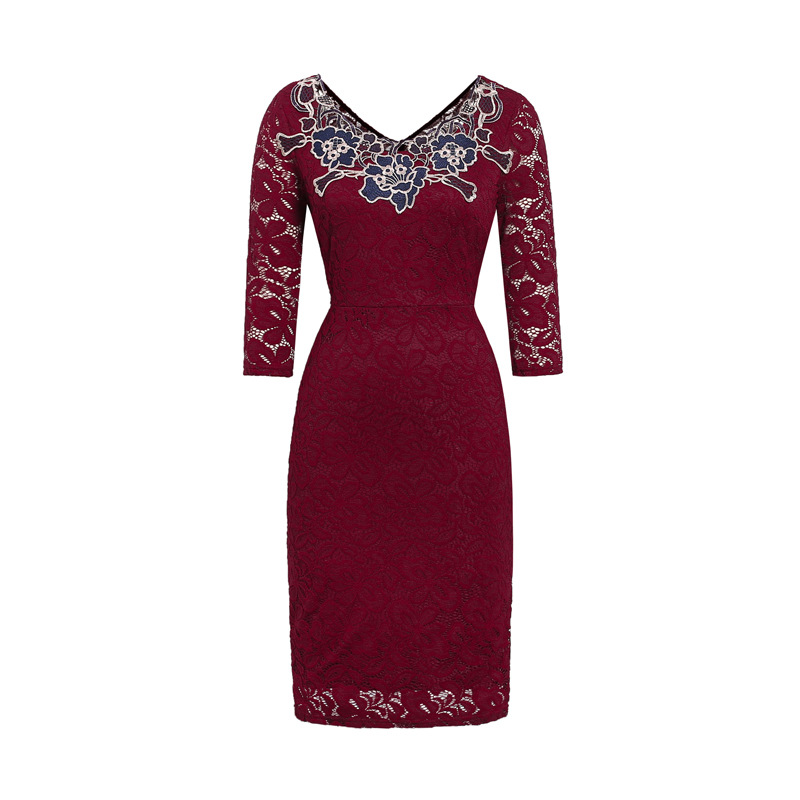 Spring Womens Long Sleeve Pencil Dress with Floral Embroidery Elegant Design for Office Wear Wholesale Supply Available