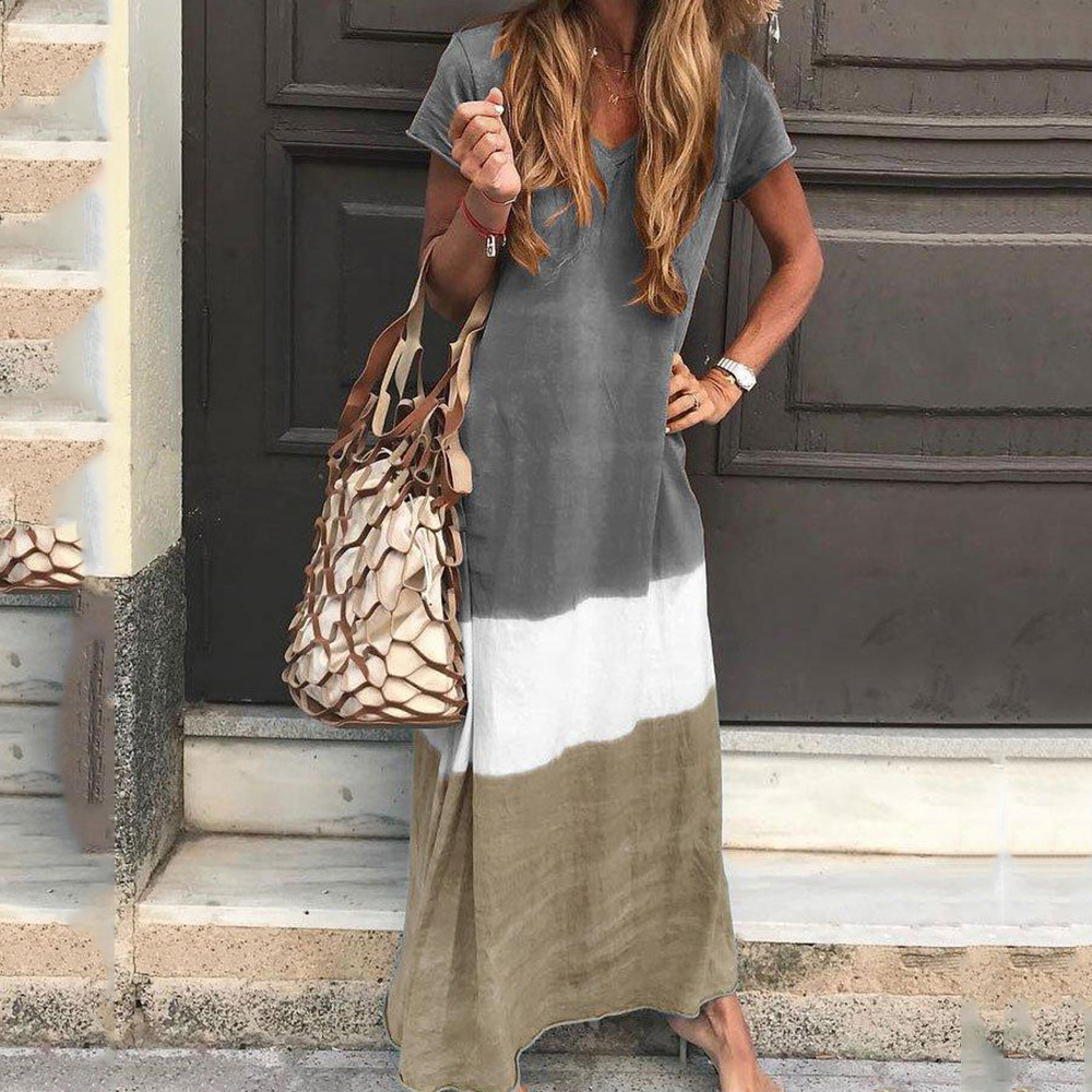 Summer Womens Maxi Dress Color Block Loose Fit V Neck Short Sleeve Casual Wear for Parties or Beach Wholesale