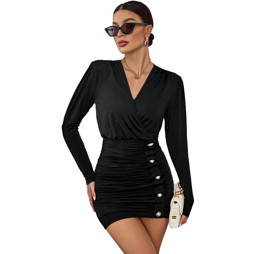 Cross border European and American Small V neck Sexy Elegant Long Sleeve Waist Pleated Slim Stretch Bodycon Mini Dress