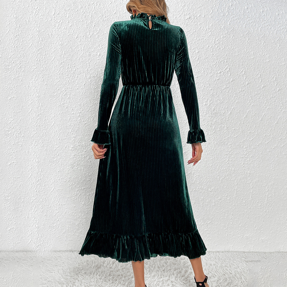Elegant Velvet A line Long Dress with Waist Slimming and Long Sleeves