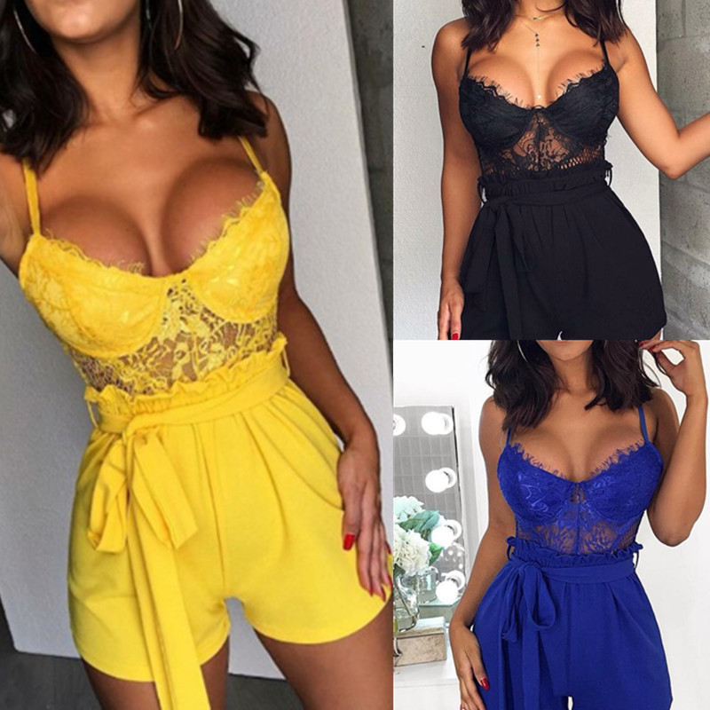 Lace Jumpsuit for Women Summer Sleeveless V Neck Belted Sexy Perfect for Parties or Casual Outings Ready to Ship