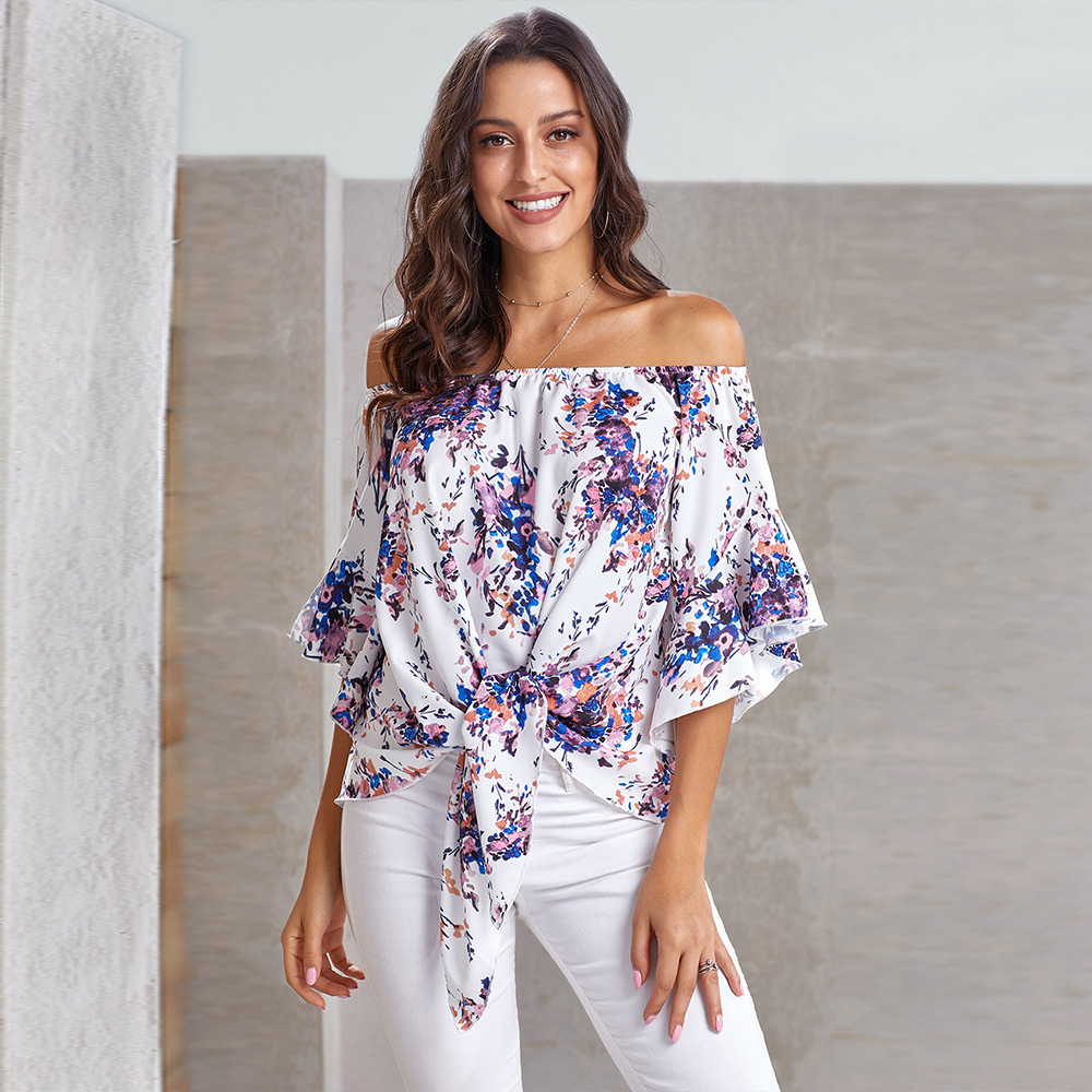 Off the Shoulder Crop Top Floral Print 3 4 Sleeve Casual Style Spring Fashion Wholesale Available