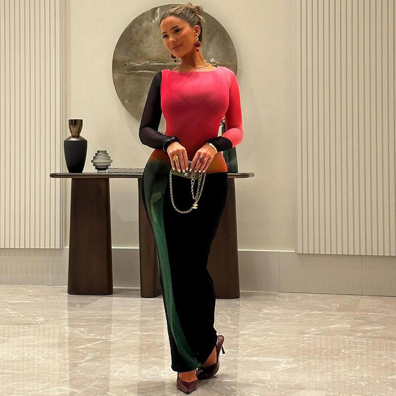 European and American Cross border Autumn and Winter New Women's Sexy Bodycon Fashion Long Sleeve Round Neck Printed Dress