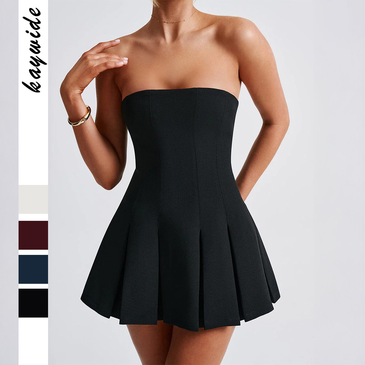Elegant European and American Strapless Pleated Short Dress for Women Spring Summer