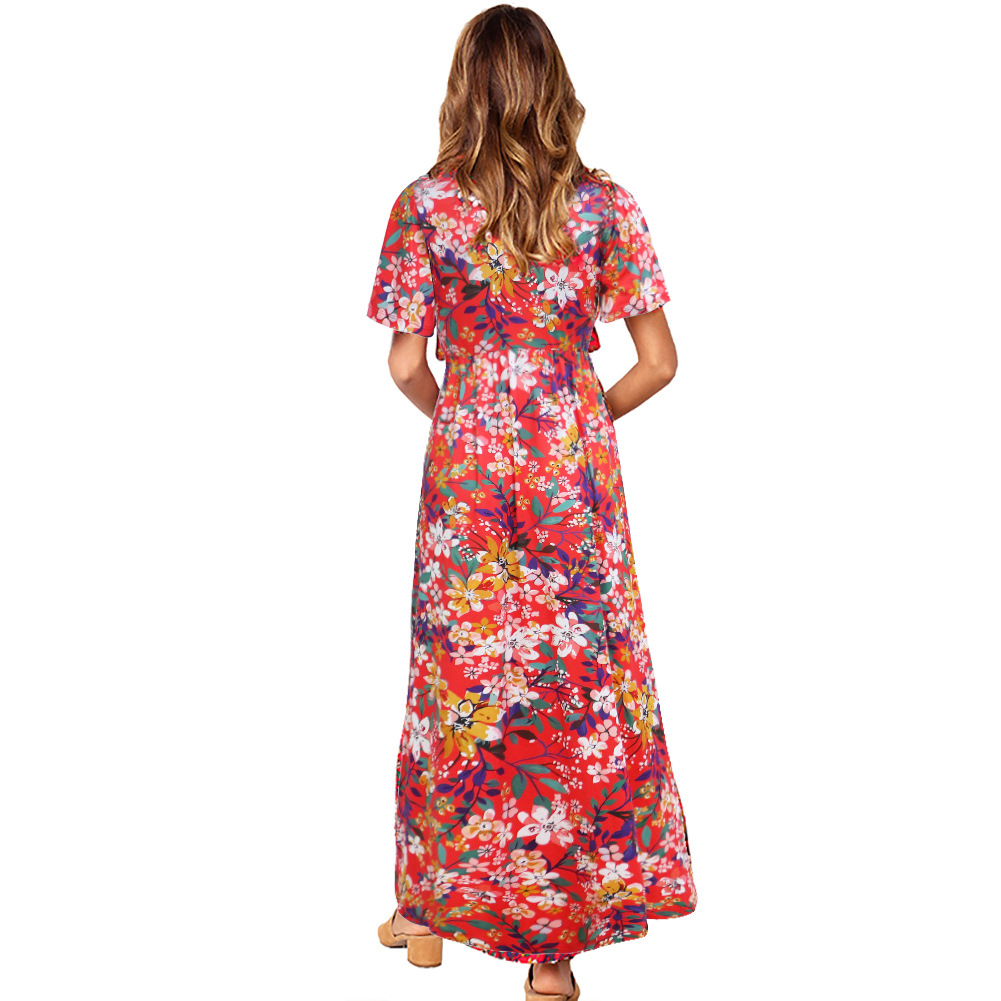 Fashionable Womens Maxi Dress Short Sleeve V Neck Floral Print High Waist Perfect for Summer Events Wholesale
