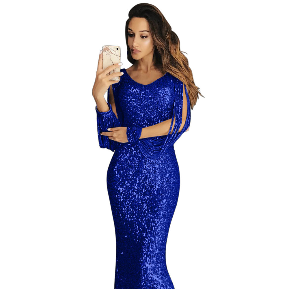 Mermaid Evening Gown Sequined Long Sleeve Bodycon Fit Tassel Design Formal Events Parties OEM Available