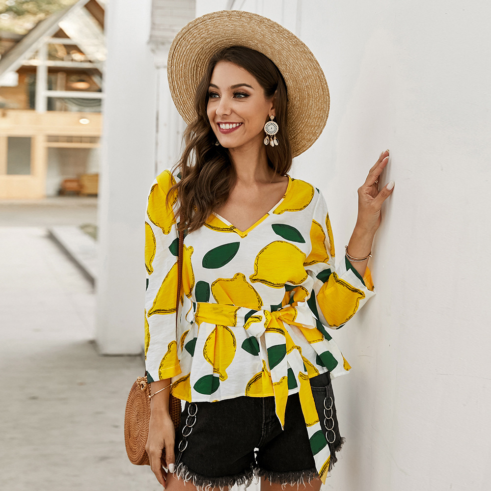 Elegant V Neck Printed Blouse Spring Collection Lightweight Fabric Stylish Design Perfect for Casual Wear Wholesale