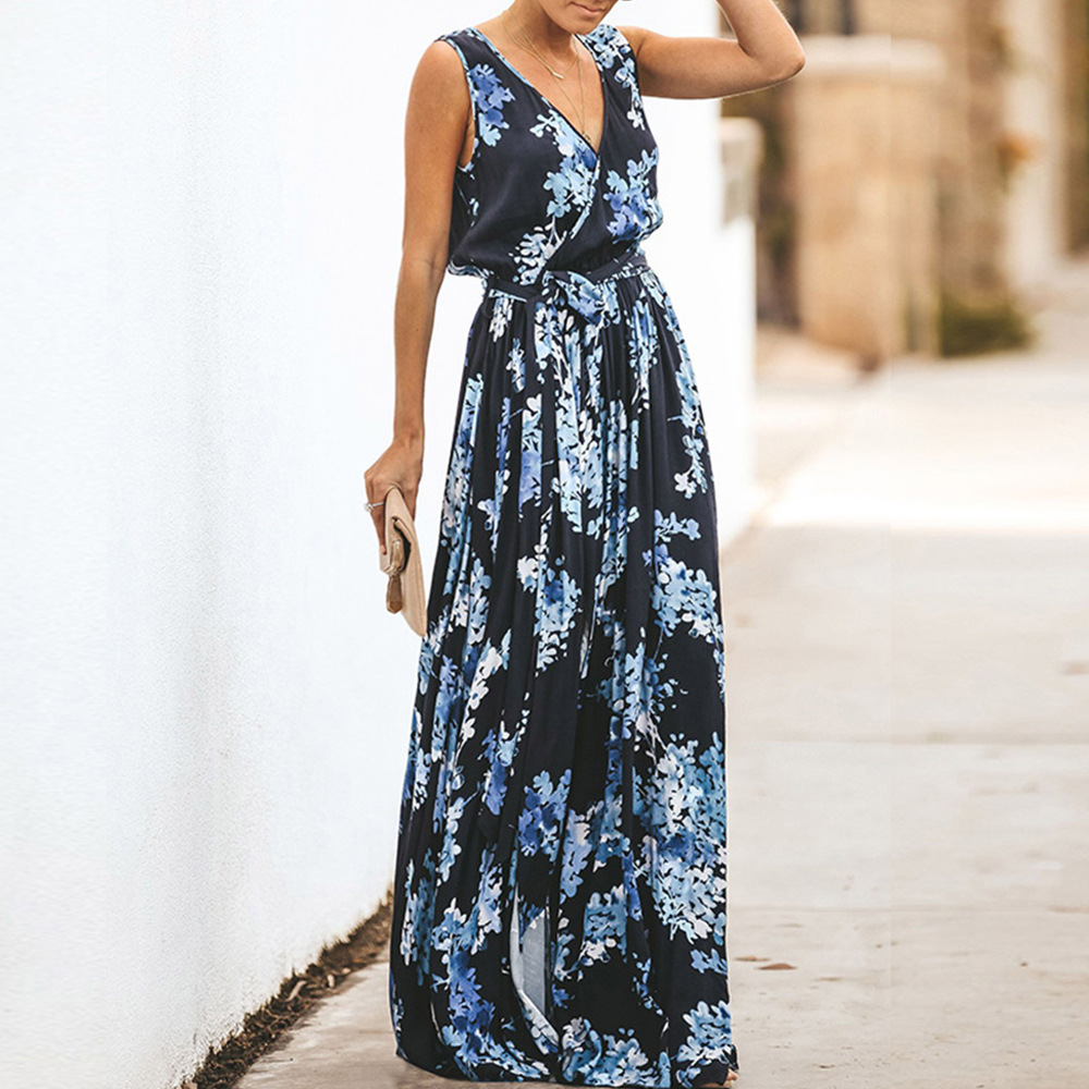 Summer Womens Dress Sleeveless V Neck Floral Print Split Hem Elastic Waist Casual Wear for Parties or Outings